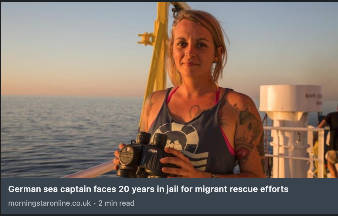 News clipping - German sea captain faces 20 years in jail for migrant rescue efforts