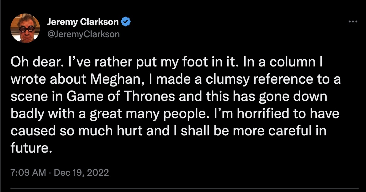 Jeremy Clarkson non-apology tweet